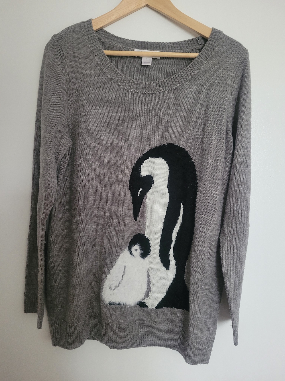 Motherhood Gray Scoop Neck Sweater with Penguins Graphic Size L Maternity
